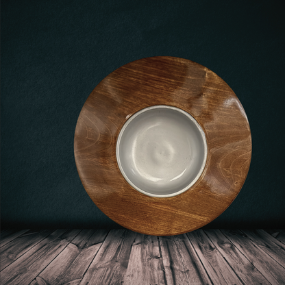 Unique turned decorative platter (29 cm) – stained in teak and silver, made of maple wood