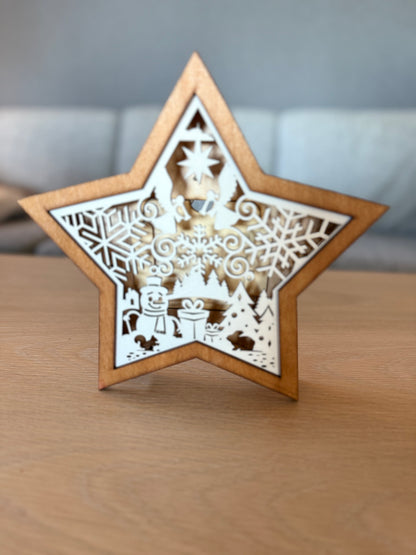 Wooden Christmas star – laser-cut with LED lights and five unique designs