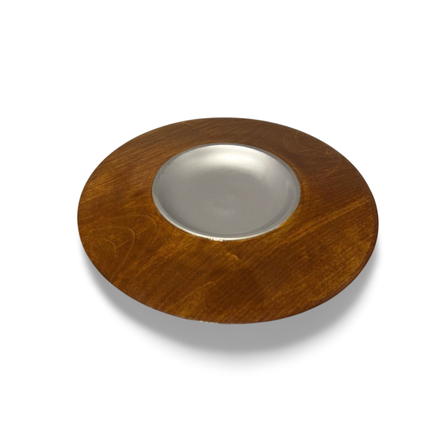 Unique turned decorative platter (29 cm) – stained in teak and silver, made of maple wood