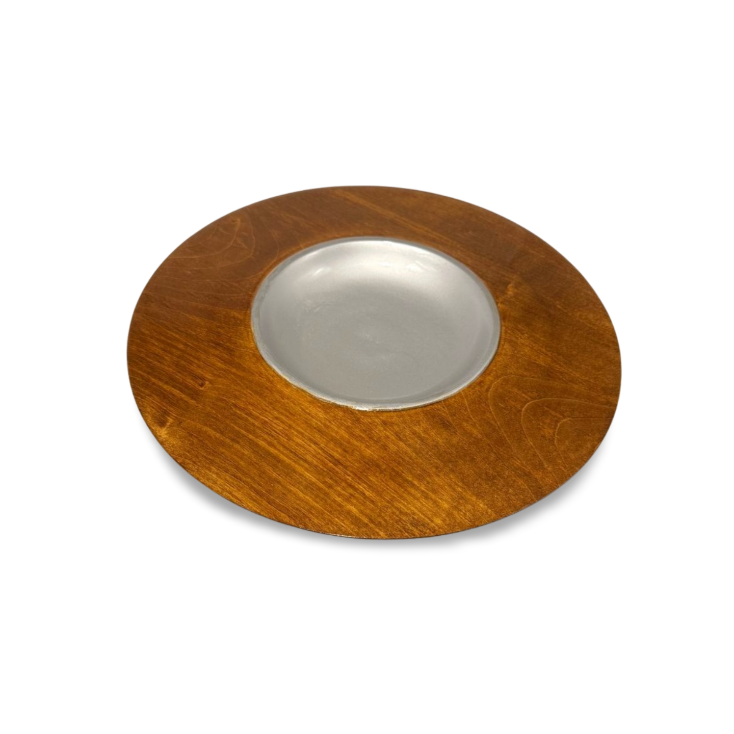 Unique turned decorative platter (29 cm) – stained in teak and silver, made of maple wood