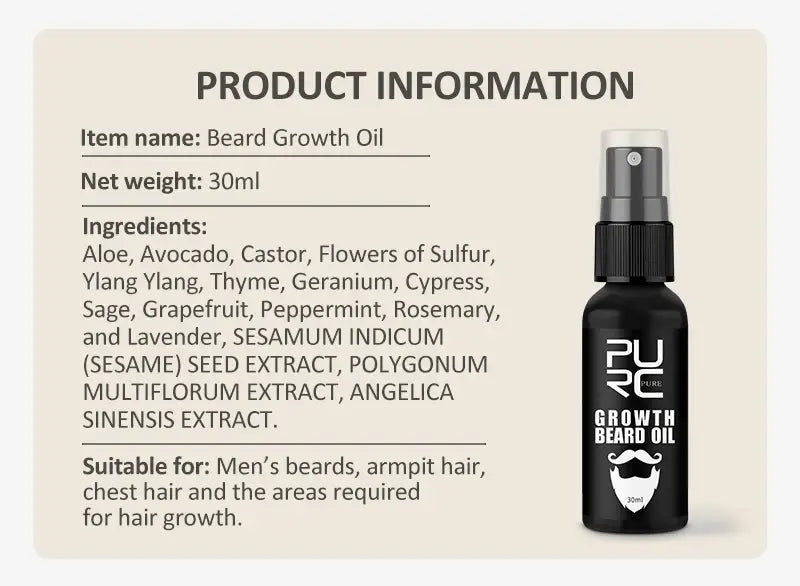 PURC Growth Beard Oil Grow Beard Thicker & More Full Thicken Hair Beard Oil For Men Beard Grooming Treatment Beard Care