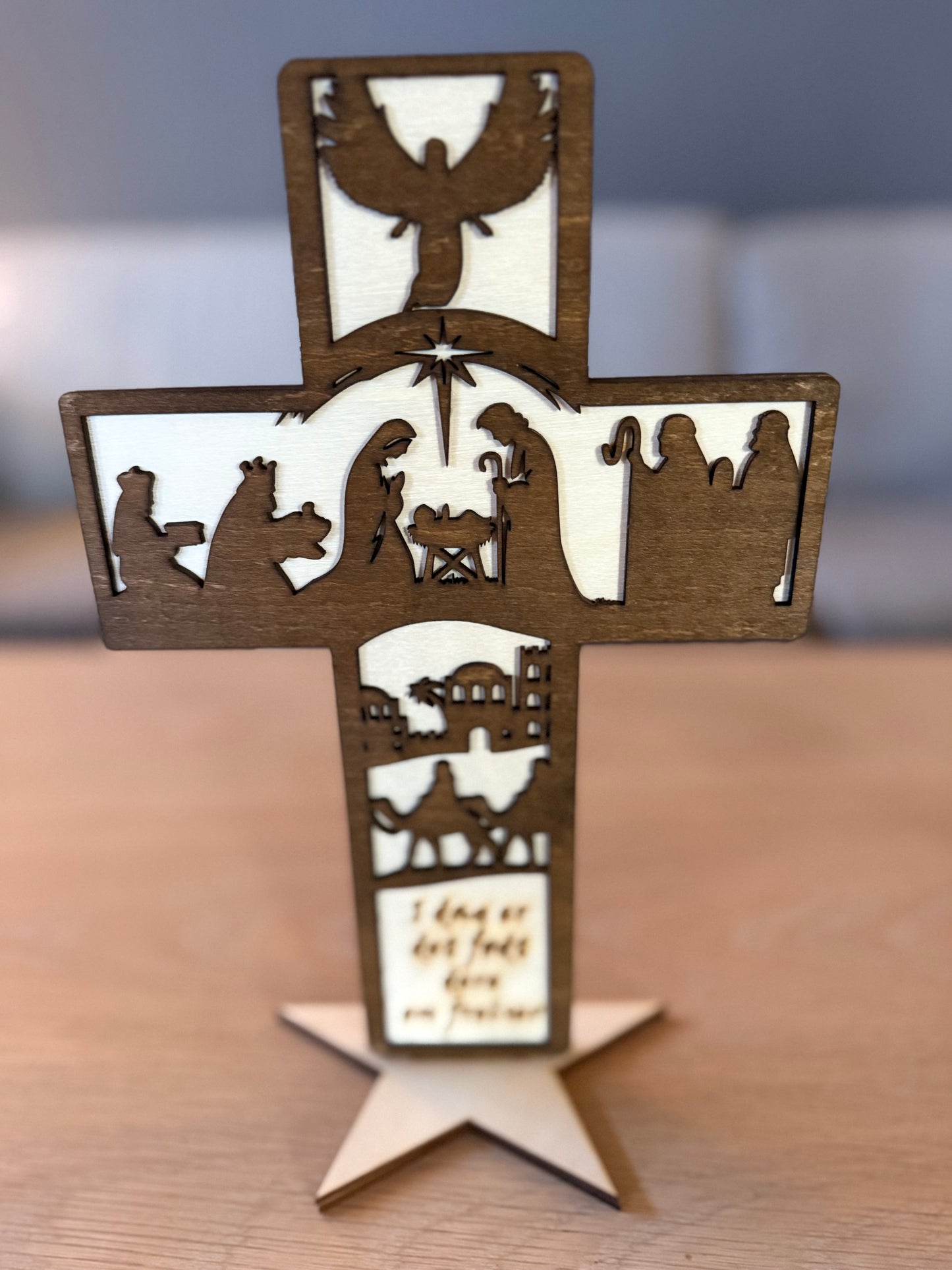 Cross on a foot in wood with three Christmas motifs and texts (28 cm)