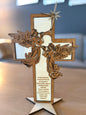 Cross on a foot in wood with three Christmas motifs and texts (28 cm)