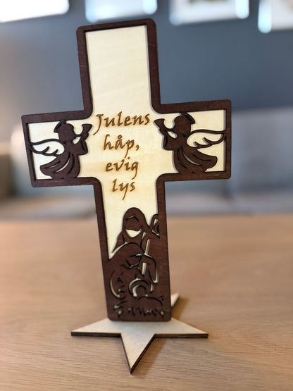 Cross on a foot in wood with three Christmas motifs and texts (28 cm)