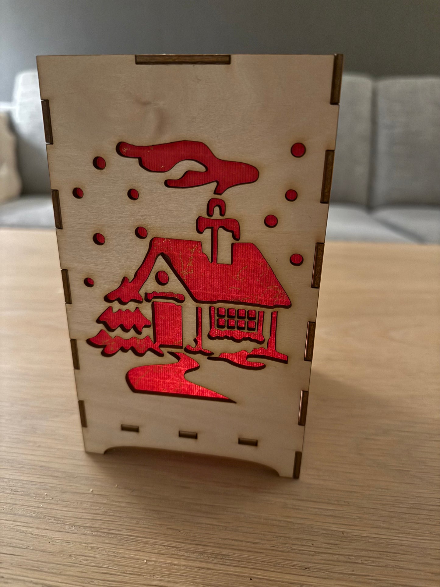 Square wooden Christmas lantern with red tissue paper – laser-cut decoration (25 cm)