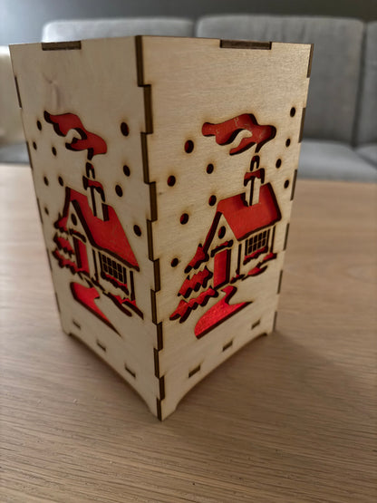 Square wooden Christmas lantern with red tissue paper – laser-cut decoration (25 cm)