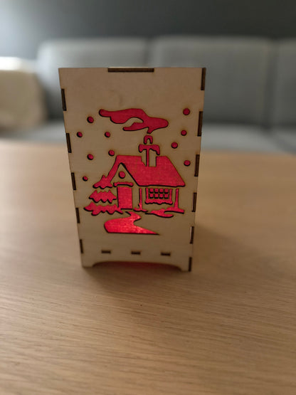 Square wooden Christmas lantern with red tissue paper – laser-cut decoration (25 cm)