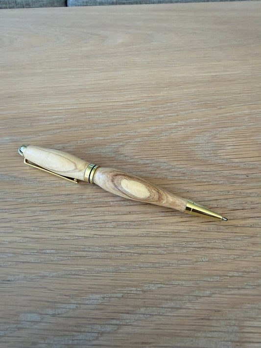 Hand-turned olive wood pen with 24k gold plating