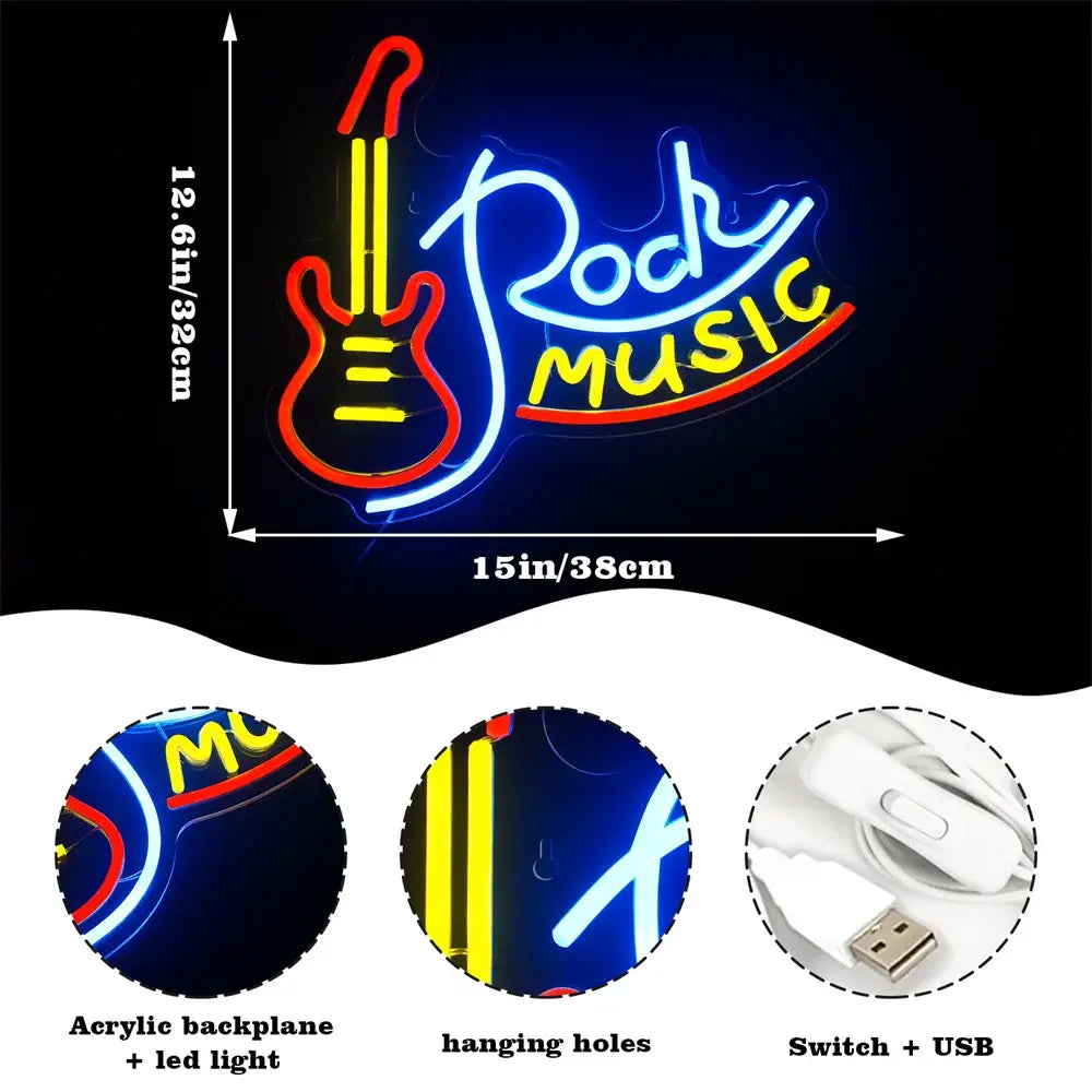 Rock Music Neon Signs Guitar Neon Signs Wall Decor USB Led Art Signs for Bedroom Music Party Rock Studio Bar Disco