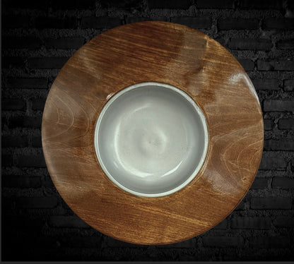 Unique turned decorative platter (29 cm) – stained in teak and silver, made of maple wood