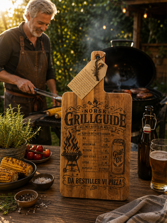 Dekorativ skjærefjøl i tre med gravert Norsk grillguide, grill og grilløl