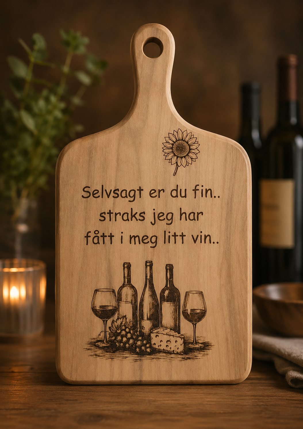 Dekorativ skjærefjøl i tre med gravert vinmotiv og humoristisk tekst