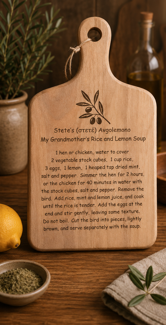 Engraved wooden cutting board featuring a traditional family recipe for Greek Avgolemono soup
