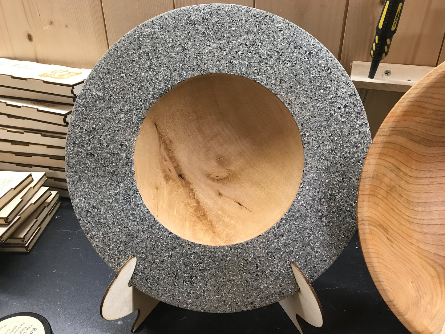 Turned decorative platter painted in mottled gray