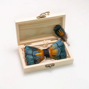 JEMYGINS Exquisite Hand made Feather Bow Tie Brooch Pin Set Wooden Gift Box Pre-tied Men Tie Bowtie For Wedding Party