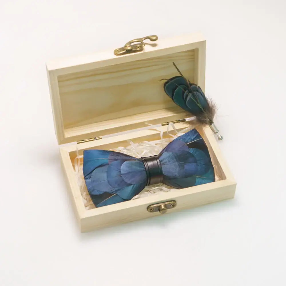 JEMYGINS Exquisite Hand made Feather Bow Tie Brooch Pin Set Wooden Gift Box Pre-tied Men Tie Bowtie For Wedding Party