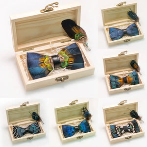 JEMYGINS Exquisite Hand made Feather Bow Tie Brooch Pin Set Wooden Gift Box Pre-tied Men Tie Bowtie For Wedding Party