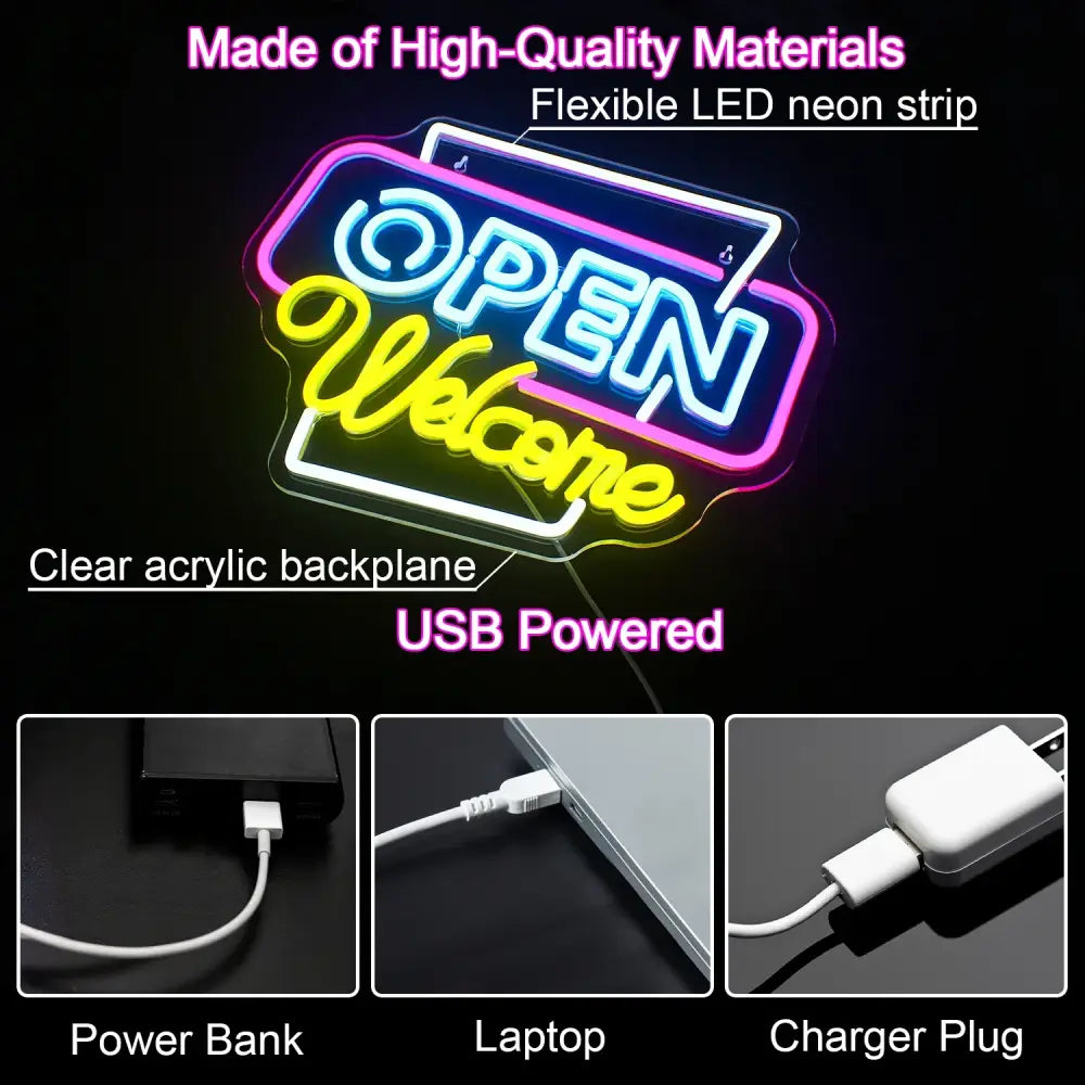 Open Welcome Neon Signs for Wall Decor Neon Light Up Open Sign with USB Powered for Business Bar Shop Salon Hotel Neon