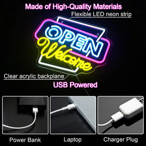 Open Welcome Neon Signs for Wall Decor Neon Light Up Open Sign with USB Powered for Business Bar Shop Salon Hotel Neon