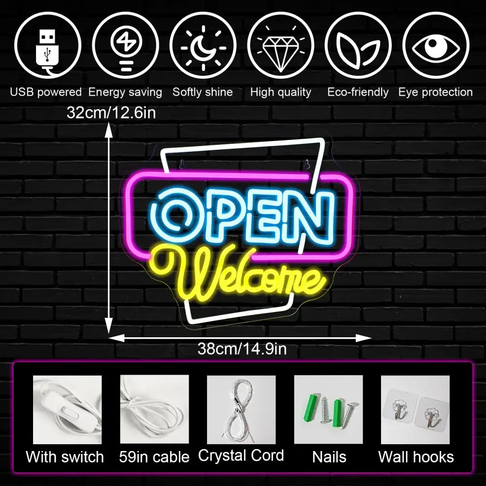 Open Welcome Neon Signs for Wall Decor Neon Light Up Open Sign with USB Powered for Business Bar Shop Salon Hotel Neon